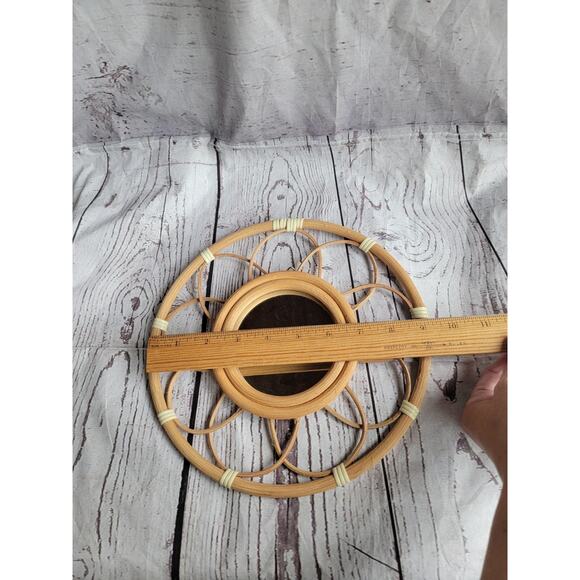 Vintage Boho 9.2" Mirror Round Rattan Mirror with Scalloped Border Vietnam 70s - Picture 4 of 5